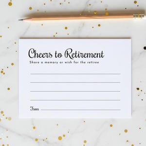 Tarjeta de recuerdo "Brindemos por la jubilación" - 5x3.5 - Comparte un deseo o recuerdo - No editable - Recuerdo de fiesta de jubilación - Descargable - Actividad fácil de hacer