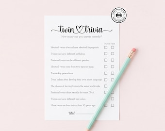 Gra quizowa dla bliźniaków, klucz odpowiedzi w zestawie, aktywność na baby shower dla bliźniaków, nie wymaga edycji