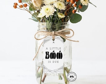 May include: A clear glass mason jar filled with white chrysanthemums, dried seed pods, and orange berries. A white rectangular tag tied with twine features a spiderweb border and the black text A LITTLE BOO IS DUE with pumpkin icons.