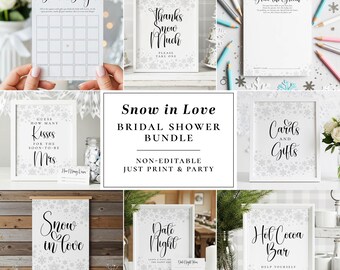 May include: A collection of bridal shower signs and games with a winter theme. The signs include "Bridal Bingo", "Draw the Groom", "Thanks Snow Much", "Guess How Many Kisses", "Cards and Gifts", "Snow in Love", "Date Night", and "Hot Cocoa Bar".
