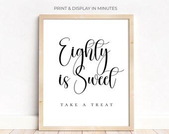 Skylt med "Eighty is Sweet", utskrivbar 80-årsfest, ingen redigering krävs, 5x7 och 8x10
