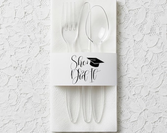 Servilletas de graduación "Ella lo hizo", decoración imprimible para fiesta de graduación, descarga no editable