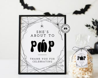 Zaraz wyskoczy z tabliczką + zestaw tagów, upominek na baby shower w postaci popcornu lub napoju gazowanego, termin na Halloween dla małego boo, nieedytowalne pobieranie