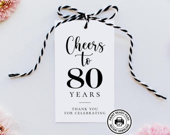 Etiquetas para brindar por 80 años, recuerdos imprimibles para fiestas de 80 cumpleaños, descarga sin necesidad de editar.
