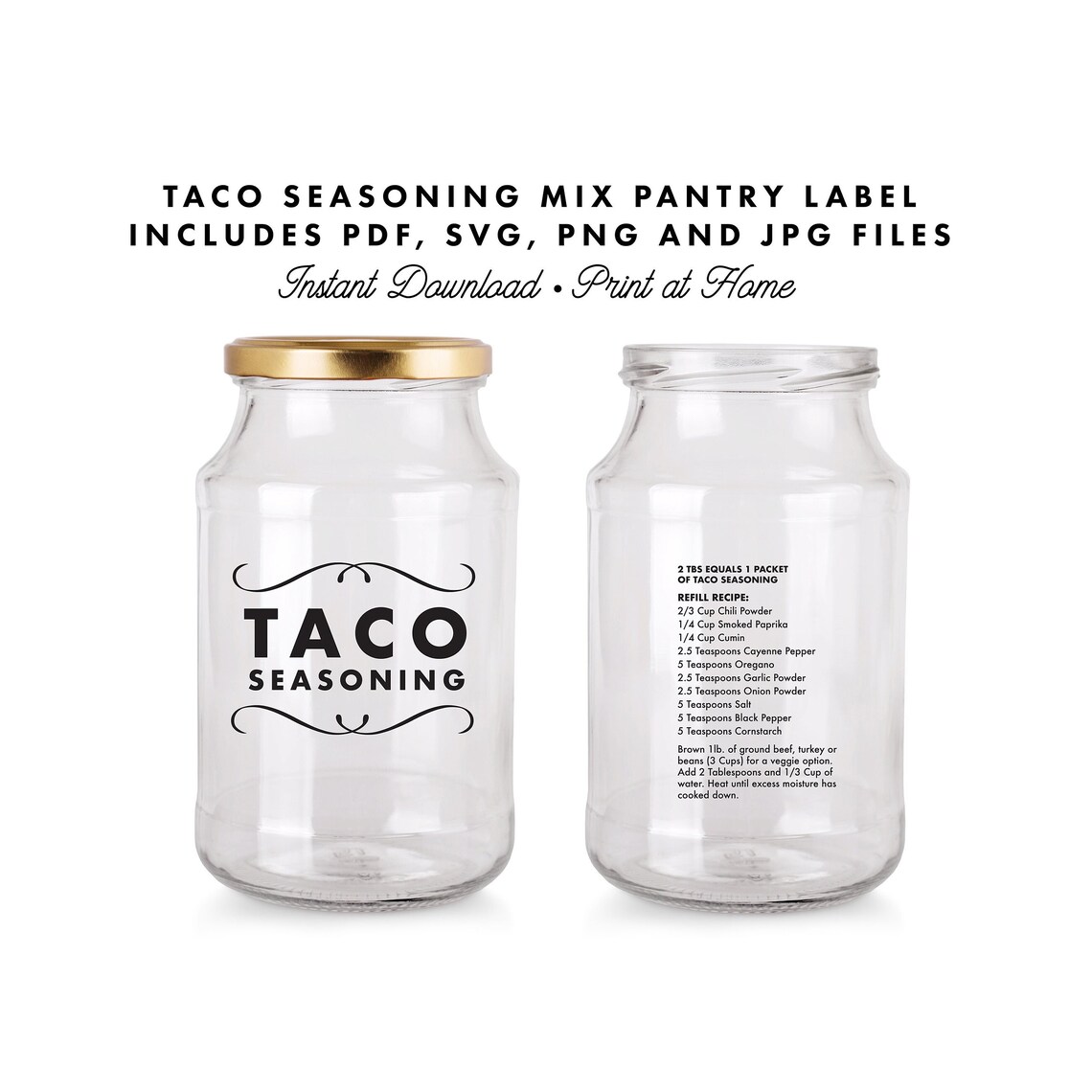 PRINTABLE Taco Seasoning Mix Label, Print at Home, Pantry Organization
