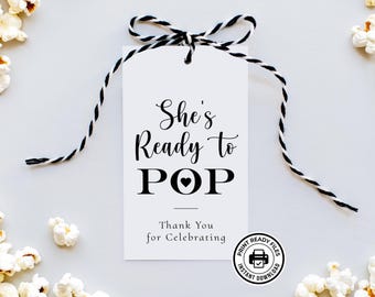Etiquetas listas para regalar, palomitas de maíz o refrescos, imprimibles para baby shower, descarga sin necesidad de editar.