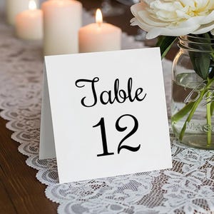 May include: A white table number card with the word "Table" in elegant script and the number "12" in bold, black font. The card is set on a lace runner, with candles and a mason jar with flowers in the background. Wedding decor.