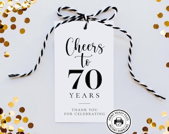 Etiquetas para celebrar los 70 años, recuerdos imprimibles para fiestas de 70 cumpleaños, descarga sin necesidad de editar.
