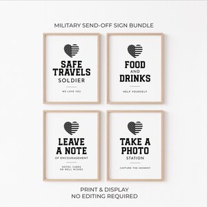 May include: Four framed prints with text and heart-shaped American flag designs. The prints read "Safe Travels Soldier", "Food and Drinks", "Leave a Note", and "Take a Photo Station". The phrase "Military Send-Off Sign Bundle" is at the top.