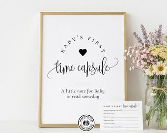 Cápsula del primer tiempo del bebé, tarjetas de actividades y sugerencias, juego para baby showers, descarga sin necesidad de editar.