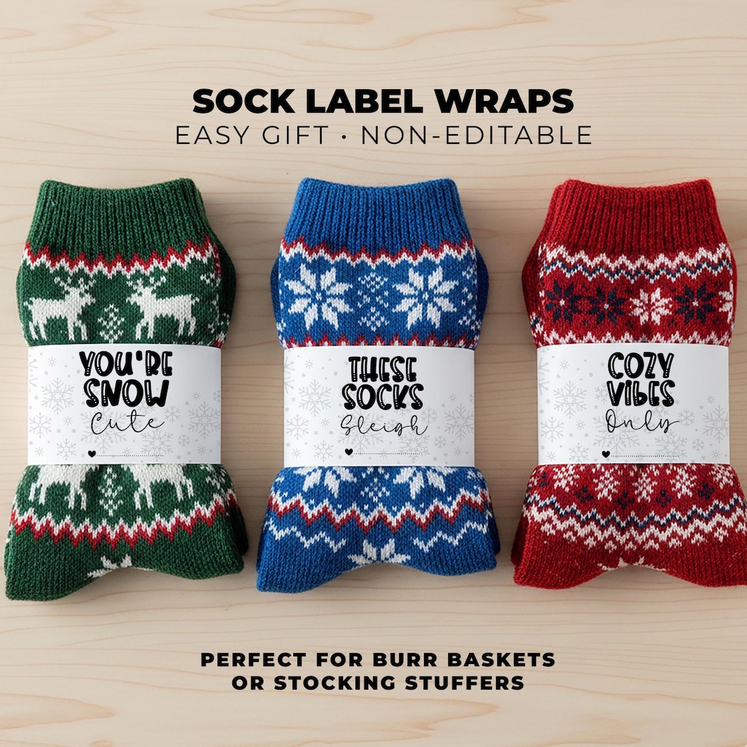 Printable Sock Wrap Tags, Winter Gift Label, Stocking Stuffer, Burr ...