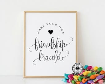 Letrero de pulseras de la amistad, decoración para estación de actividades, imprimible para fiesta de cumpleaños, 2 tamaños incluidos, no requiere edición.