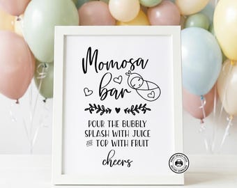 Tabliczka na bar Momosa, styl Doodle, dekoracja na baby shower do druku, bez konieczności edycji, 2 rozmiary