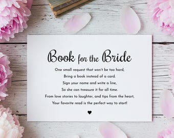Tarjeta para la novia, con la opción de pedir un libro, tema literario de New Chapter, descarga no editable.