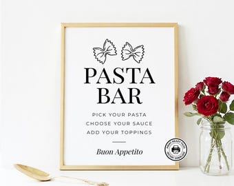 Letrero para barra de pasta, decoración imprimible para despedida de soltera o fiesta, 2 tamaños, descarga no editable.