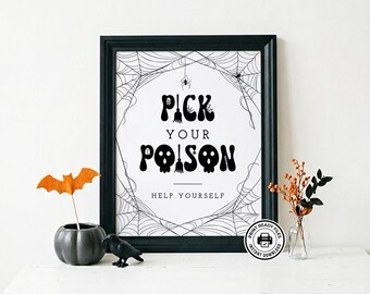 Znak „Wybierz swoją truciznę”, stacja z napojami, wydruk na imprezę halloweenową, Little Boo, plik do pobrania bez możliwości edycji, 2 rozmiary