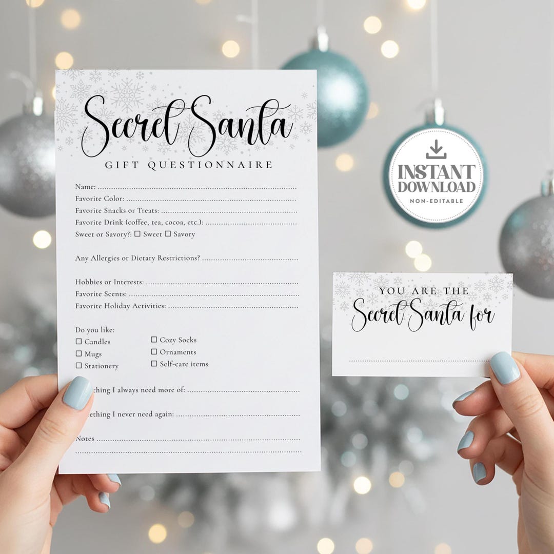 Draw Names Questionnaire Secret Santa Questionnaire Printable Set | Survey & Name Draw Card ...