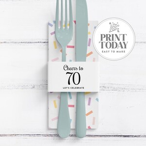 Op de afbeelding: Een lichtblauwe vork en mes, bijeengehouden door een witte band met de tekst "Cheers to 70, Let's Celebrate". De achtergrond heeft een confetti-ontwerp in pastelkleuren. Een cirkelvormig logo met "Print Today, Easy to Make" staat rechtsboven.