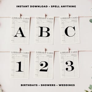 May include: Six library cards are displayed, each with a large black letter or number. The letters A, B, and C are shown, along with the numbers 1, 2, and 3. The cards are suspended by small wooden clips. Text at the top reads "INSTANT DOWNLOAD &bull; SPELL ANYTHING".
