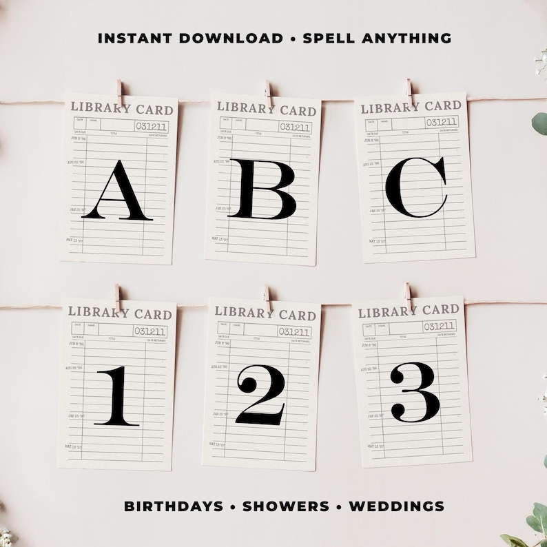 May include: Six library cards are displayed, each with a large black letter or number. The letters A, B, and C are shown, along with the numbers 1, 2, and 3. The cards are suspended by small wooden clips. Text at the top reads "INSTANT DOWNLOAD &bull; SPELL ANYTHING".