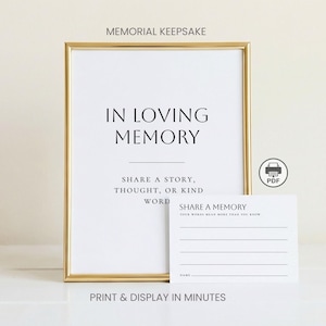 May include: A gold-framed memorial keepsake with the words "IN LOVING MEMORY." Beneath, it reads "SHARE A STORY, THOUGHT, OR KIND WORD." A smaller card says "SHARE A MEMORY." The image includes a PDF icon.
