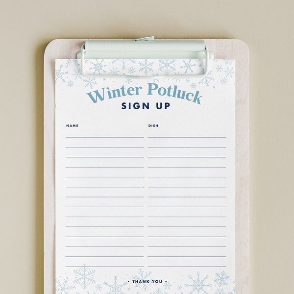 PRINTABLE Winter Potluck Sign Up Sheet, non-editable, instant download, holiday parties, winter events, 8.5x11, color and black & white