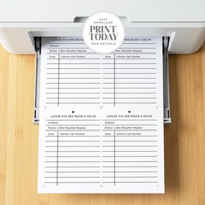 May include: A printer printing advice cards for the bride and groom. The cards have sections for the author, title, date, and advice. The text "Advice for the Bride & Groom" is visible. The cards are printed on white paper.