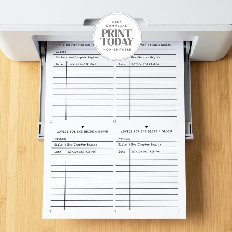 May include: A printer printing advice cards for the bride and groom. The cards have sections for the author, title, date, and advice. The text "Advice for the Bride & Groom" is visible. The cards are printed on white paper.