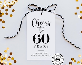 Etiquetas para celebrar los 60 años, recuerdos imprimibles para fiestas de 60 cumpleaños, descarga sin necesidad de editar.