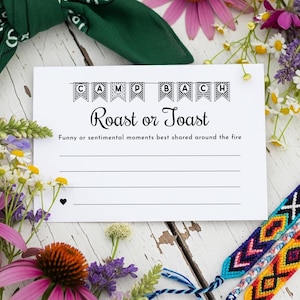 Tarjetas de "Roast or Toast", juego de despedida de soltera, temática de Camp Bach, 5x3.5, no editables, económicas, fáciles de imprimir, con frases tiernas o divertidas.