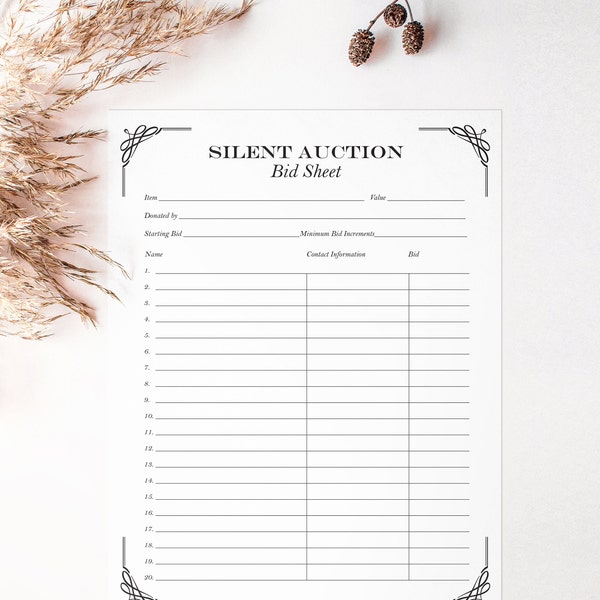 PRINTABLE Silent Auction Bid Sheet, non-editable, instant download, bidding, galas, auctions, fundraisers, benefits, 8.5x11, black & white