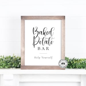 May include: A rectangular sign with a dark brown wooden frame featuring the black text Baked Potato BAR and Help Yourself in a mix of script and serif fonts on a white background, with a circular print ready icon in the bottom right corner.