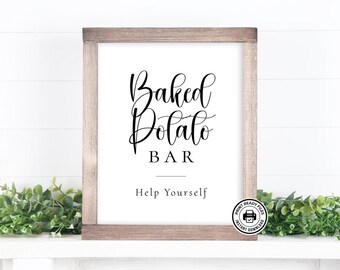 Letrero para barra de papas asadas, imprimible para estación de comida, 2 tamaños incluidos, no requiere edición.