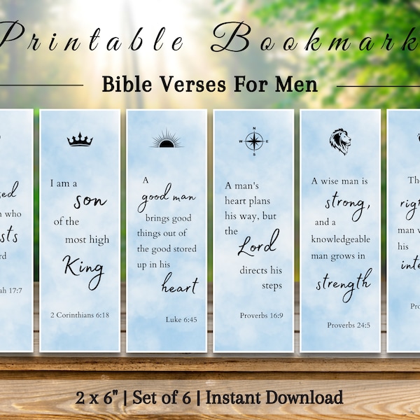 Printable Bible Verse Bookmarks For Men & Boys | Christian Gift For Dad | Scripture Quotes For Him | DIY Birthday Gift | Blue Watercolor