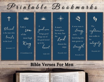 May include: A set of navy blue printable bookmarks with white text and illustrations. Each bookmark displays a Bible verse and a related symbol, like a cross or a crown. The text "Printable Bookmarks" and "Bible Verses For Men" are also present.