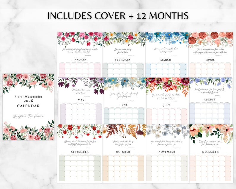 2026 Bible Verse Calendar | Floral Watercolor Printable | Inspirational ...