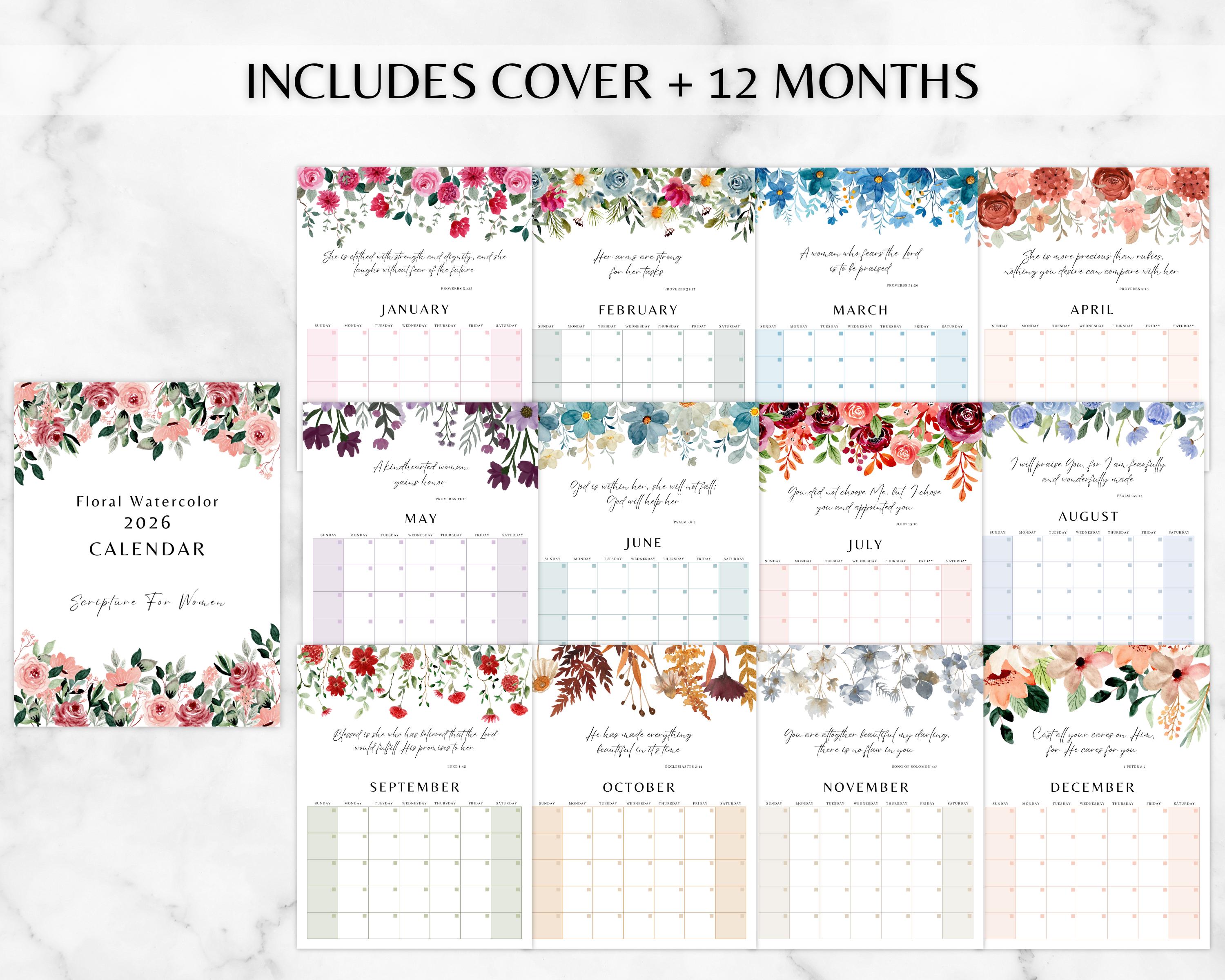 2026 Bible Verse Calendar | Floral Watercolor Printable | Inspirational ...