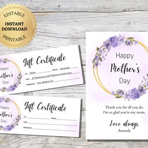 Chèque-cadeau à imprimer pour la fête des mères | Bon d'achat personnalisé pour maman | Aquarelle florale personnalisée | Modèles de coupons modifiables