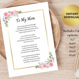 Poema para imprimir para a mãe | Presente de Dia das Mães | Cartão da filha ou do filho | Aquarela floral | Arte de parede faça você mesmo | Quadro de prateleira | Decoração de rosas cor-de-rosa