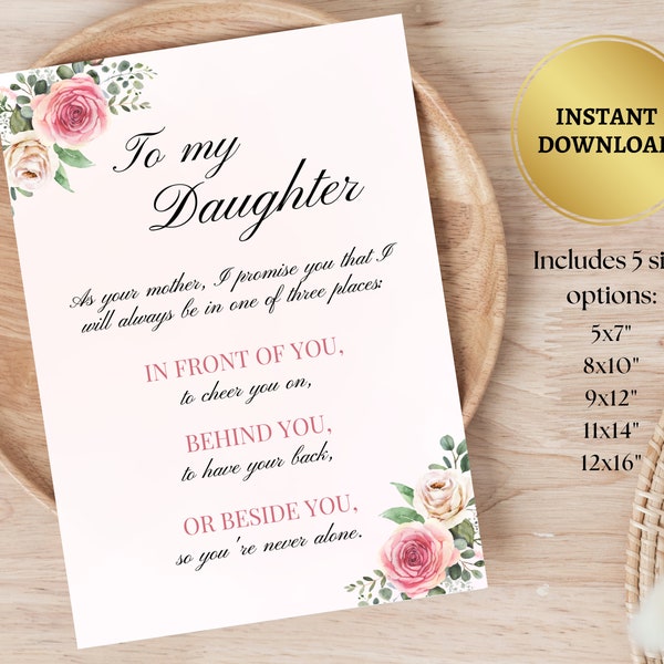 Printable Poem For Daughter | Card From Mom | A Mother's Gift | Floral Watercolor Wall Art | Birthday Wedding | Shelf Picture | Home Décor