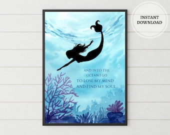 Mermaid Wall Art Printable | And Into The Ocean I Go Quote | Watercolor Ocean Poster | Inspirational Quote | Nautical Décor | Surfers Gift