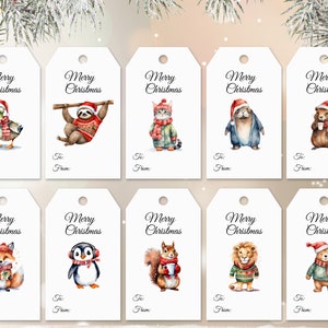 Lindas etiquetas de regalo de animales de Navidad / Etiquetas de mascotas de acuarela imprimibles / Favores de fiesta navideña de bricolaje / Tarjetas de amantes de los animales del bosque / Invierno festivo