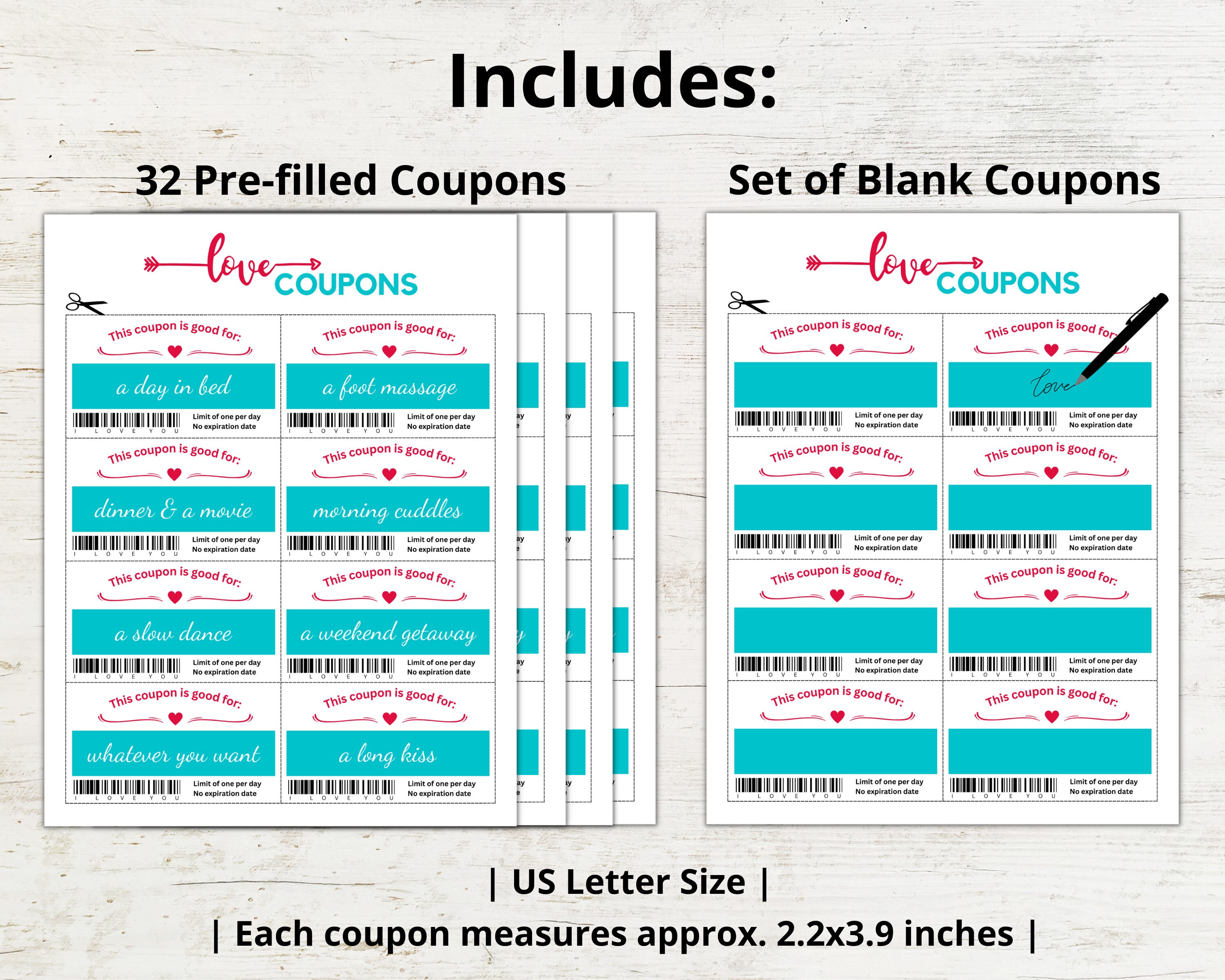 Printable Love Coupons DIY Valentines Day Gift Personalized Anniversary ...