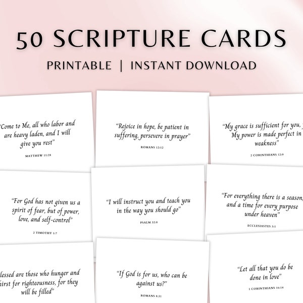 50 Bible Verse Cards | Printable Scripture Quotes | Minimalist Memory Verse Flash Cards | Encouraging Christian Gift | Inspirational Gift