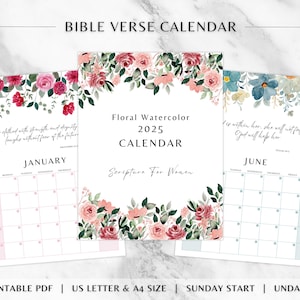 Kalender met bijbelteksten 2025 | Afdrukbare bloemenaquarel | Christelijk vrouwencadeau | Inspirerend geschrift | Maandplanner zonder datum en datum