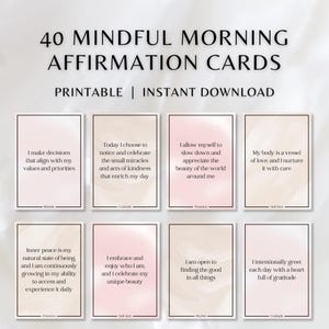 以下が含まれることがあります： 40枚のマインドフルモーニングアファメーションカードのセット。印刷可能で、すぐにダウンロードできます。各カードには、マインドフルネスとセルフケアを促進するために設計された、柔らかくニュートラルなカラーパレットのユニークなアファメーションが記載されています。