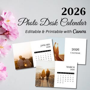 Op de afbeelding: Een fotokalender voor 2026, bewerkbaar en printbaar. De kalender bevat afbeeldingen en maandelijkse lay-outs voor januari en maart. Het ontwerp is eenvoudig met een witte achtergrond en zwarte tekst.