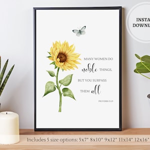 Arte de pared con versículo bíblico imprimible / Regalo cristiano para mujeres / Tarjeta de Proverbios 31 para mamá / Acuarela floral / Decoración de girasoles / Cita bíblica