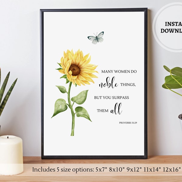 Bible Verse Wall Art Printable | Christian Gift For Women | Proverbs 31 Card For Mom | Watercolor Sunflower Home Décor | Scripture Quote