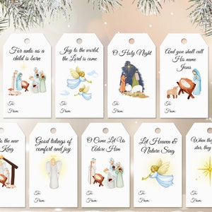 Druckbare Geschenkanhänger Weihnachten | Krippen-Bibel-Vers-Etiketten | DIY christliche Feiertags-Gastgeschenke | Traditionelle Aquarell Schriftkarten